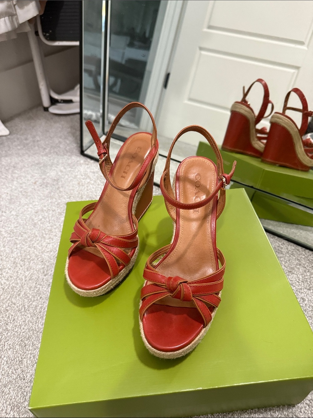 Coach Adobe Red Leather Wedge Sandals with Knotted Straps